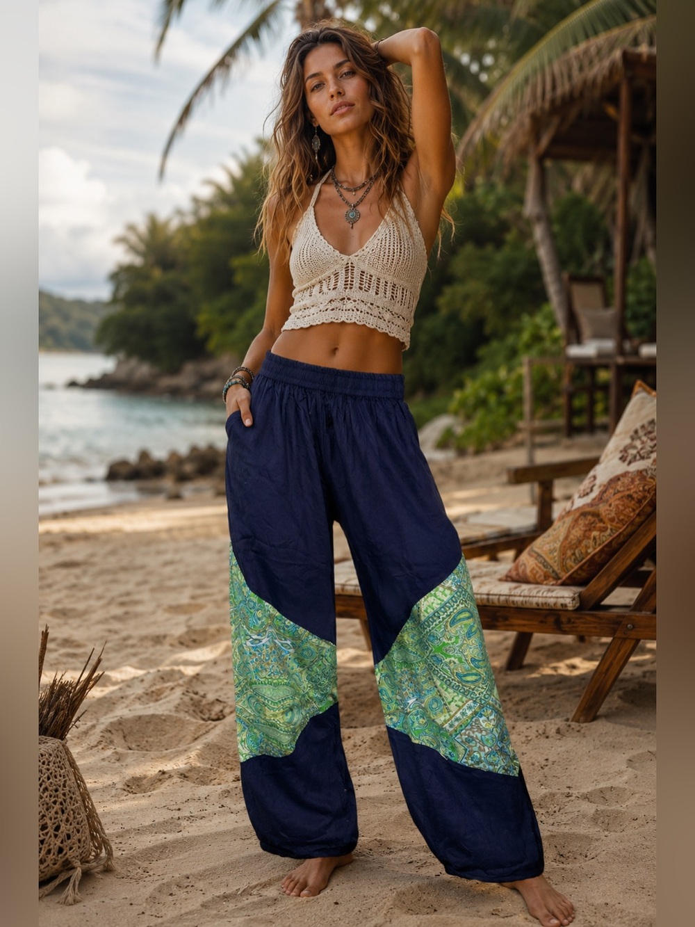 NWT Rhea Patchwork Pants One Size Navy Blue Paisley Boho Wide Leg Lounge Pants